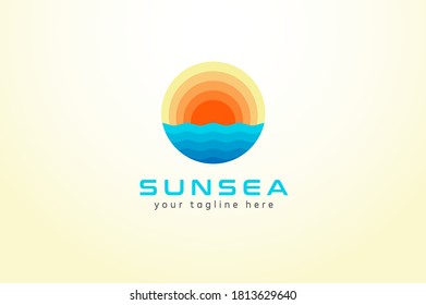 Sun and sea logo, flat design logo template, vector illustration