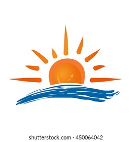 Sun and sea logo icon. Handmade grunge icon isolated on white background.  Sunrise over the sea. Editable vector illustration