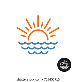 Sun And Sea Logo. Line Style Rising Sun With Rays And Sea Waves Icon.