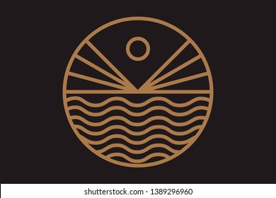 Sun and sea logo template. Round icon of sea landscape - waves, sunrise, wavy lines. Minimal badge for business emblems, for a travel, tourism and ecology, health and yoga Center.