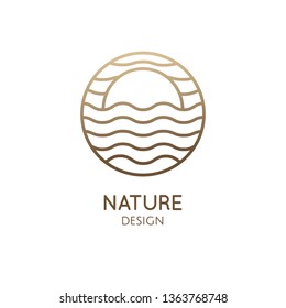 Sun and sea logo template. Vector round icon of sea landscape - waves, sunrise, wavy lines. Minimal badge for business emblems, for a travel, tourism and ecology concepts, health and yoga Center.