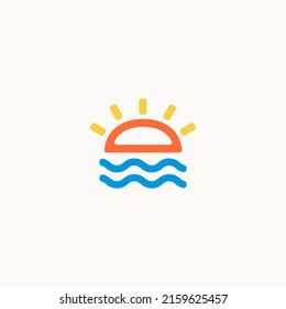Plantilla de logotipo de sol y mar. Logotipo de ondas de sol