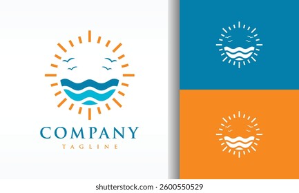 Sun and Sea Logo with Waves and Birds