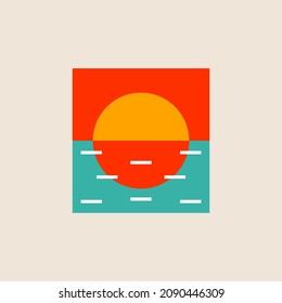Sun and sea minimal geometric simple logo. Sun and waves, travel icon. Spa resort concept. Unique logotype. Tropical landscape