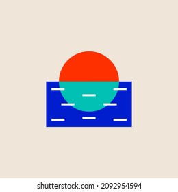 Sun and sea minimal geometric simple logo. Sun and waves, travel icon. Spa resort concept. Unique logotype. Tropical landscape