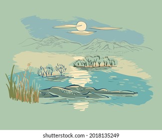 sun sea mountain card nature landscape view landscape card vector sketch illustration japanese chinese oriental line
