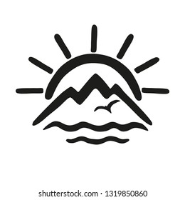 Sun, sea, mountains. Vector icon, logo for the theme of travel and tourism.