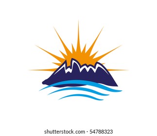 Sun, sea and mountains. Vector icon