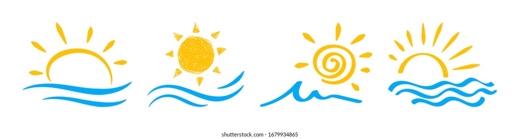 Sonne und Meer, Ozean Ikone Set Illustration. Von Hand gezeichnet.