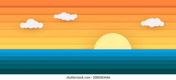 Sun and Sea from Paper, Modern Banner For Design, vector