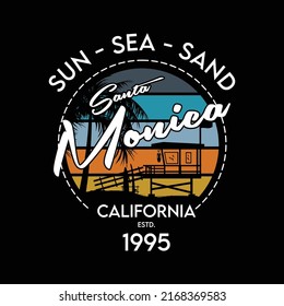 Sonne, Meer, Sand, Santa monica California, auf Strand-Thema Grafik Design, Surftypografie, T-Shirt-Vektorgrafiken, Abenteuer