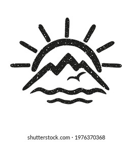 Sun, sea, seagull, mountains. Vector grunge icon, logo on the theme of natural travel and tourism. Hand drown.