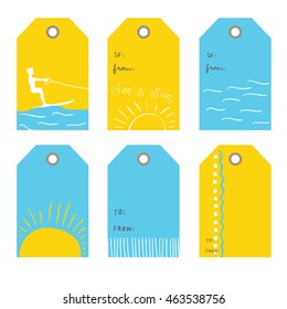 Sun and sea. Set of 6  creative tags  templates with marine theme design.  blue and yellow Collection tags, cute tags, Set tags, printable tags, hand drawn tags