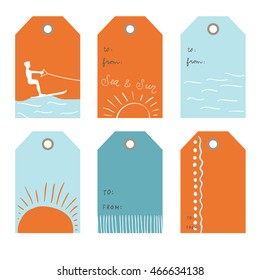 Sun and sea. Set of 6  creative tags  templates with marine theme design.  summer and sea Collection tags, cute tags, Set tags, printable tags, hand drawn tags