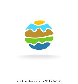 Sun, sea, sky and mountains round stylized logo. Travel around the world concept.