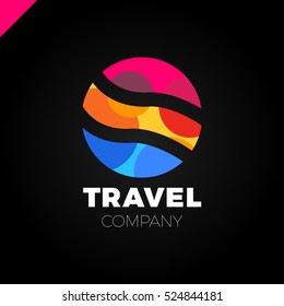 Sun, sea, sky and mountains round stylized logo. Travel around the world concept.