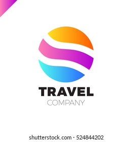 Sun, sea, sky and mountains round stylized logo. Travel around the world concept.