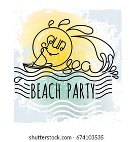 Sun and Sea - Summer holidays and vacation hand drawn vector. Illustration of beach party logo for poster template. Summer party badge design. Fashion print, T-shirt, greeting card and banner design.
