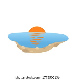 Sun and sea, sunrise over the sea. Landscape design element in flat style. Colorful flat vector illustration. Isolated on white background.