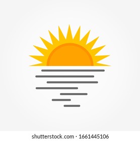 Icono o logotipo de la puesta de sol y mar. Ilustración vectorial.