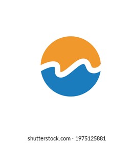 Sun and sea. Symbol of journey. Round logo for travel agency, resort. Vector abstract illustration of blue and yellow circle