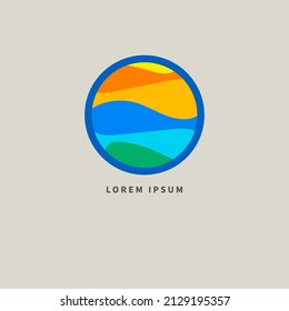 Sun and sea. Symbol of journey. Round logo for travel agency, resort. Vector abstract illustration of blue and yellow circle

