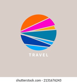 Sun And Sea. Symbol Of Journey. Round Logo For Travel Agency, Resort. Vector Abstract Illustration Of Blue And Yellow Circle