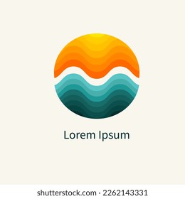 Sun and sea. Symbol of journey. Round logo for travel agency, resort. Vector abstract illustration of blue and yellow circle