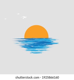 The sun, sea, and three seagulls are featured in a minimalist illustration.