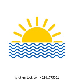 Sonne und Meer. Urlaubszeit. Sommerdruck einzeln auf weißem Hintergrund. Gelbe Rochen und Meeresblaue Wellen. Vektorgrafik.