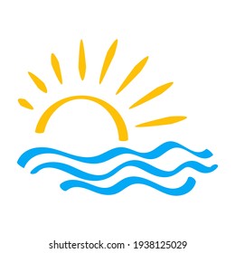 Sun and sea vector icon. Water wave symbol and sun sign. Vector illustration.