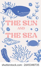 The Sun and The Sea Vector Illustration with Marine Life.