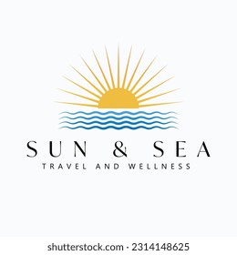 Sun and sea vector logo design. Sunset or sunrise and ocean logotype. Tropical travel logo template.