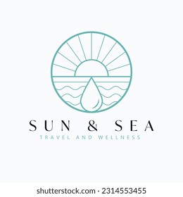 Sun and sea vector logo design. Sunset or sunrise and ocean logotype. Tropical travel logo template.