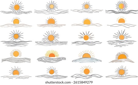 Sun and Sea Vector Set, Isolated on White Background