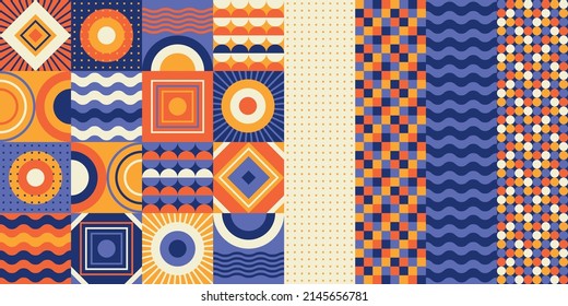 Sun and sea water vibes abstract geometric seamless pattern in blue and yellow colors. Modern geometry vector for background, fabric, textile, wrap, surface, web and print design. 