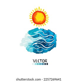 Sun and sea watercolor object. Hello summer. Vector illustration