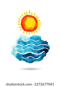 Sun and sea watercolor object. Hello summer. Vector illustration