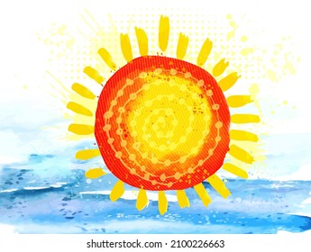 Sun and sea watercolor. Vector illustration