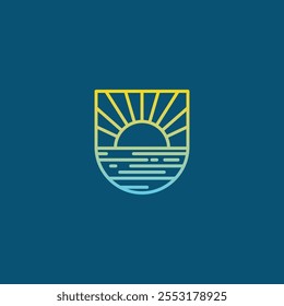Logotipo de la onda del mar del sol Vector del logotipo de la costa de la puesta del sol