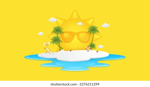 Sol con olas de mar. Tumbona sentada sombrilla de playa, palmeras verdes a orillas del mar sobre un podio blanco con nubes flotando en el aire. Por hacer turismo. Concepto de playa del paraíso de viajes de verano. Vector 3D.