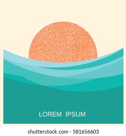 sun and sea waves illustration.Vector vintage style poster for text