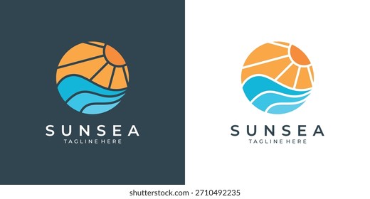 Sun and sea waves logo design in circle shape