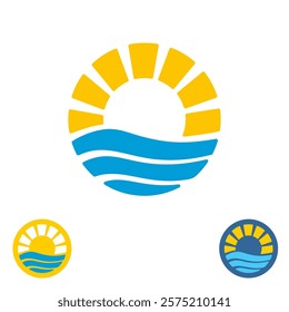Sun and sea waves logo. Round symbol of rising sunshine above the water. Elegant resort relaxing retro concept sign.