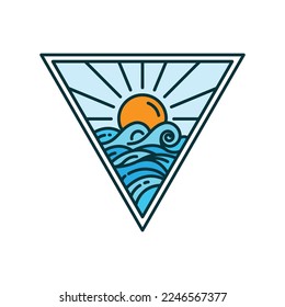 sun and sea waves nature concept creative idea triangle shape, sunset logo