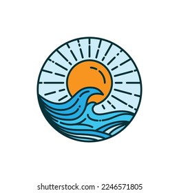 concepto de la naturaleza de las olas del sol y del mar forma de círculo creativo, logotipo de la puesta de sol