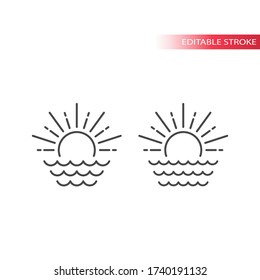 Sun and sea waves simple thin line vector icon. Editable stroke.