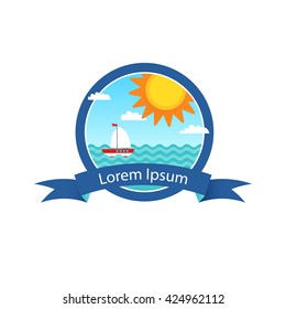 Sun, sea waves, sky, yacht in circle vector logo template. 