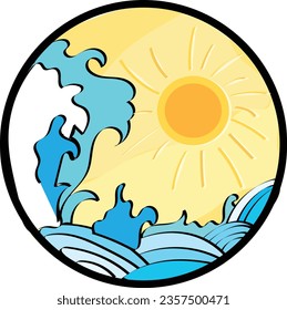 Sun and sea waves stocks illustration. Circular design logo related to environment 