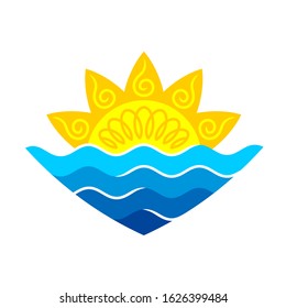 Sun with sea waves stylized logo. Elegant sunrise with blue water symbol. Tribal asian design sunshine. Tropical vacation sign.